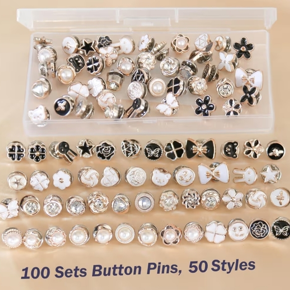 100 Piece Set Pearl Brooch Buttons Pins Enamel Flower Pearl Bow - Picture 3 of 8